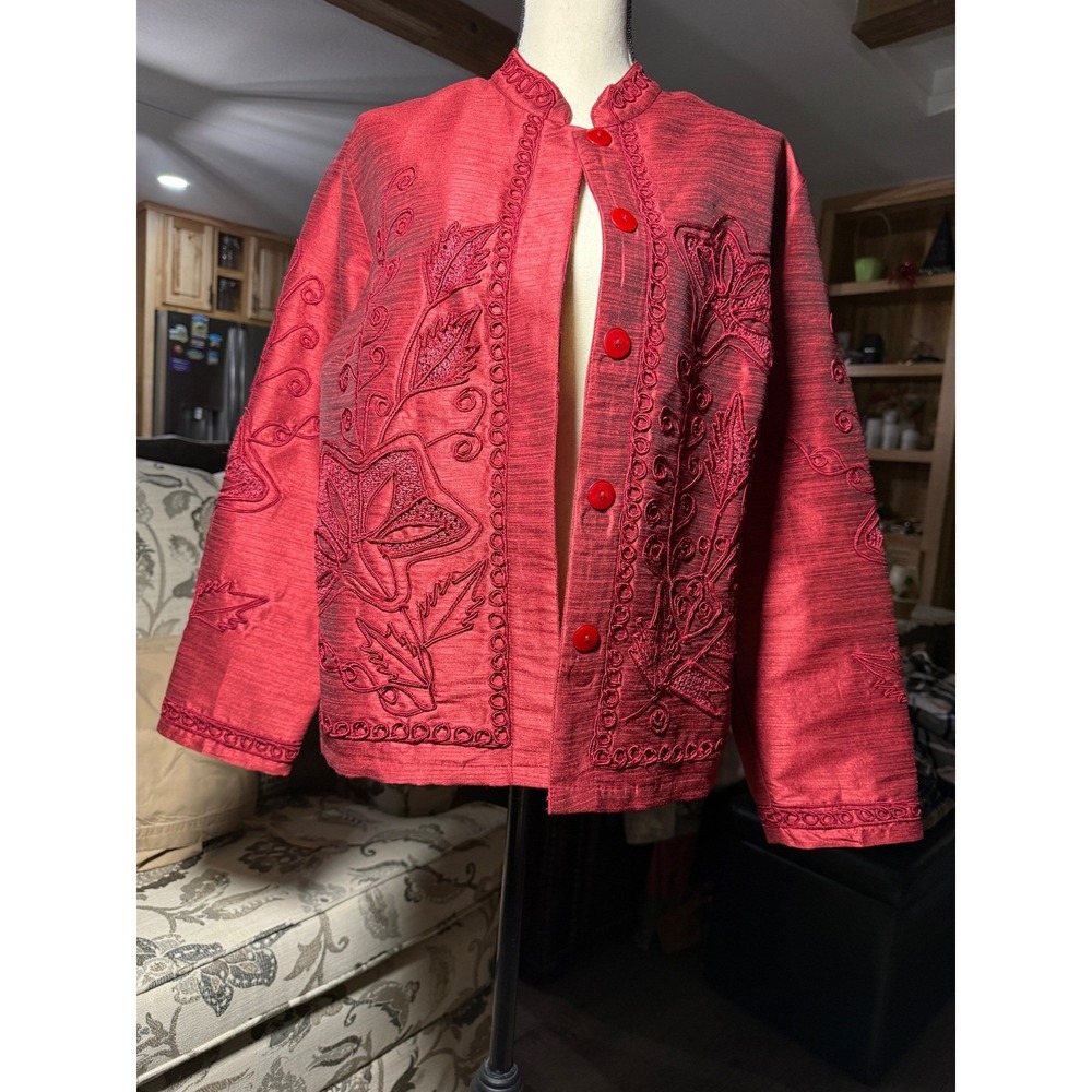 Norm Thompson Red Embroidered Mandarin Collar Jacket Womens Medium Floral Slub